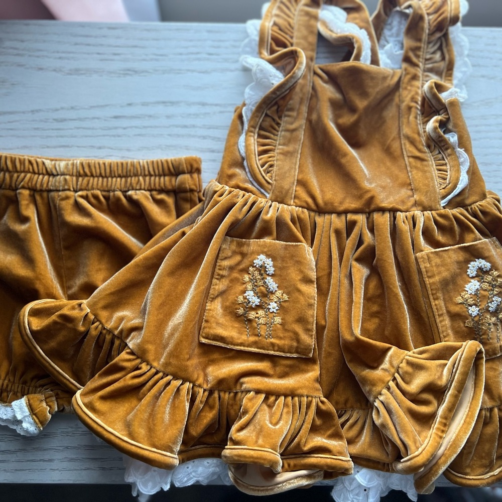 Velvet Mustard Yellow Baby Dress and Bloomers Set